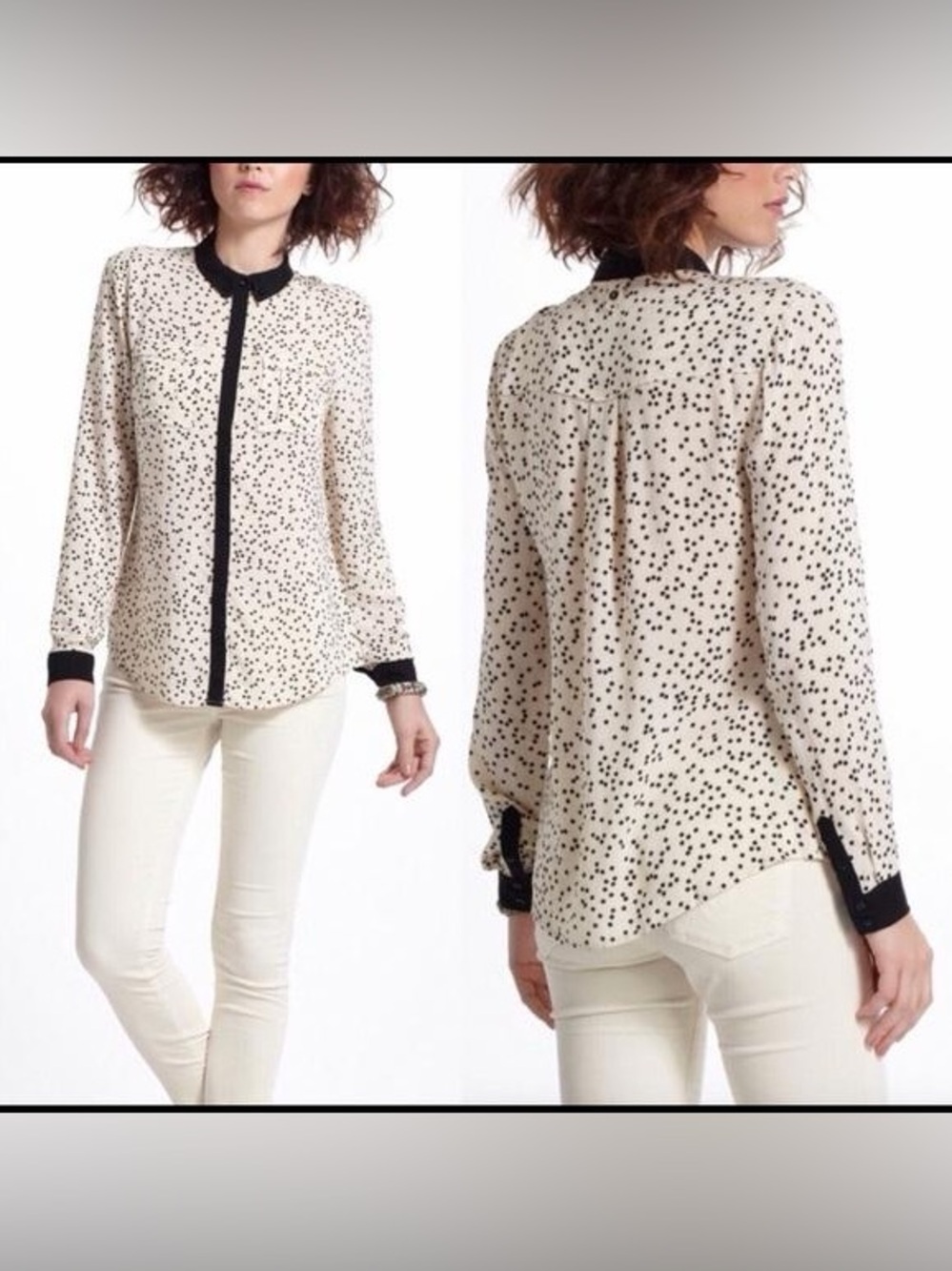 Anthropologie Maeve Bagatelle Polka Dot Blouse Black Ivory Size 10